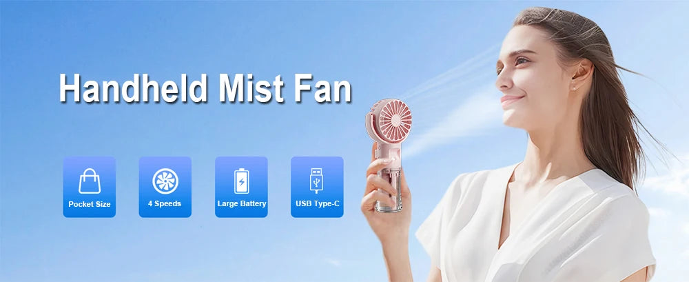 Portable Water Mist Fan Mini Handheld Fan USB Charging 4 Speeds Hanging Neck Spray Fans Portable Personal Hand Held Small Fan