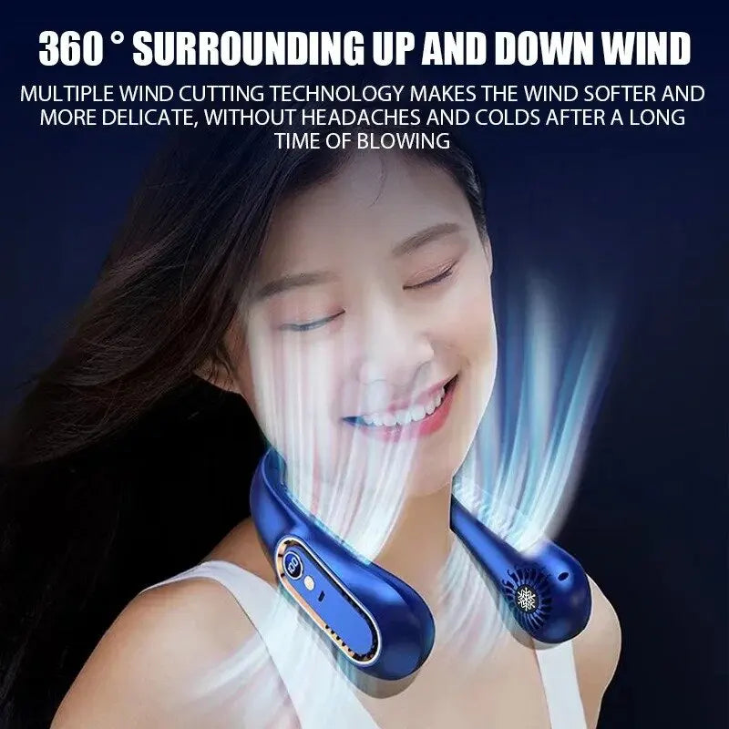 Portable neck fan, cooling neck fan, portable rechargeable, powered by 5200mAh battery, 4-speed hands-free bladeless neck fan, U